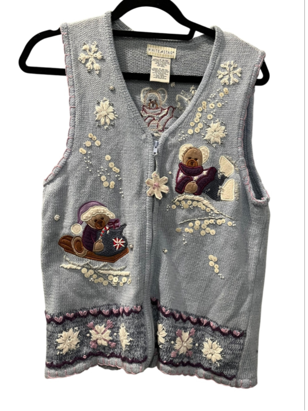 Vtg White Stag Sweater Vest Women Medium Blue Teddy Bear Winter Sledding Sequins